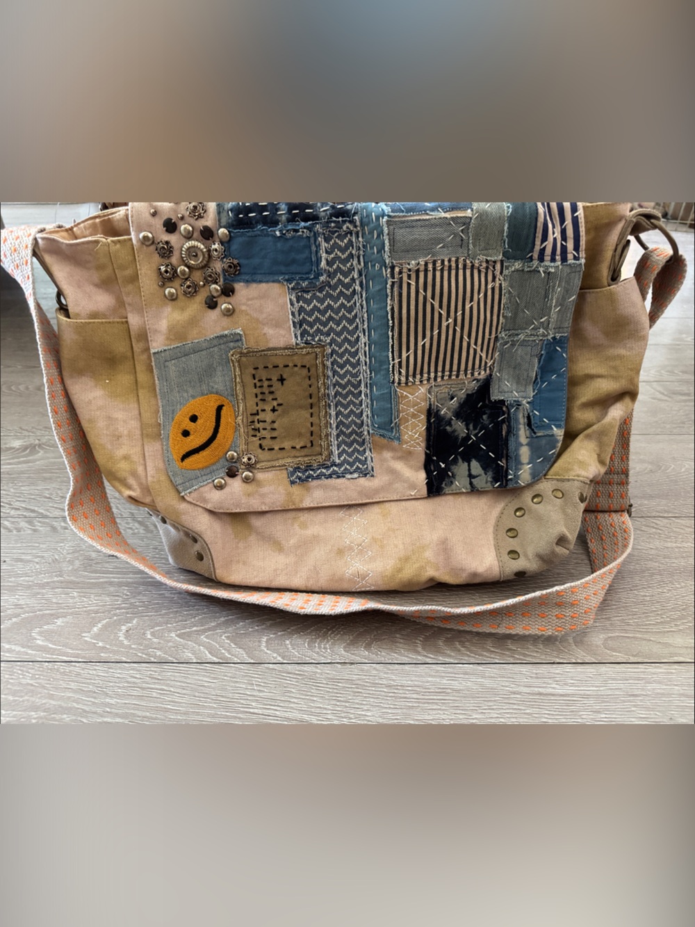 NWT Rare! Boho Patchwork Canvas Messenger Bag with Smile Patch